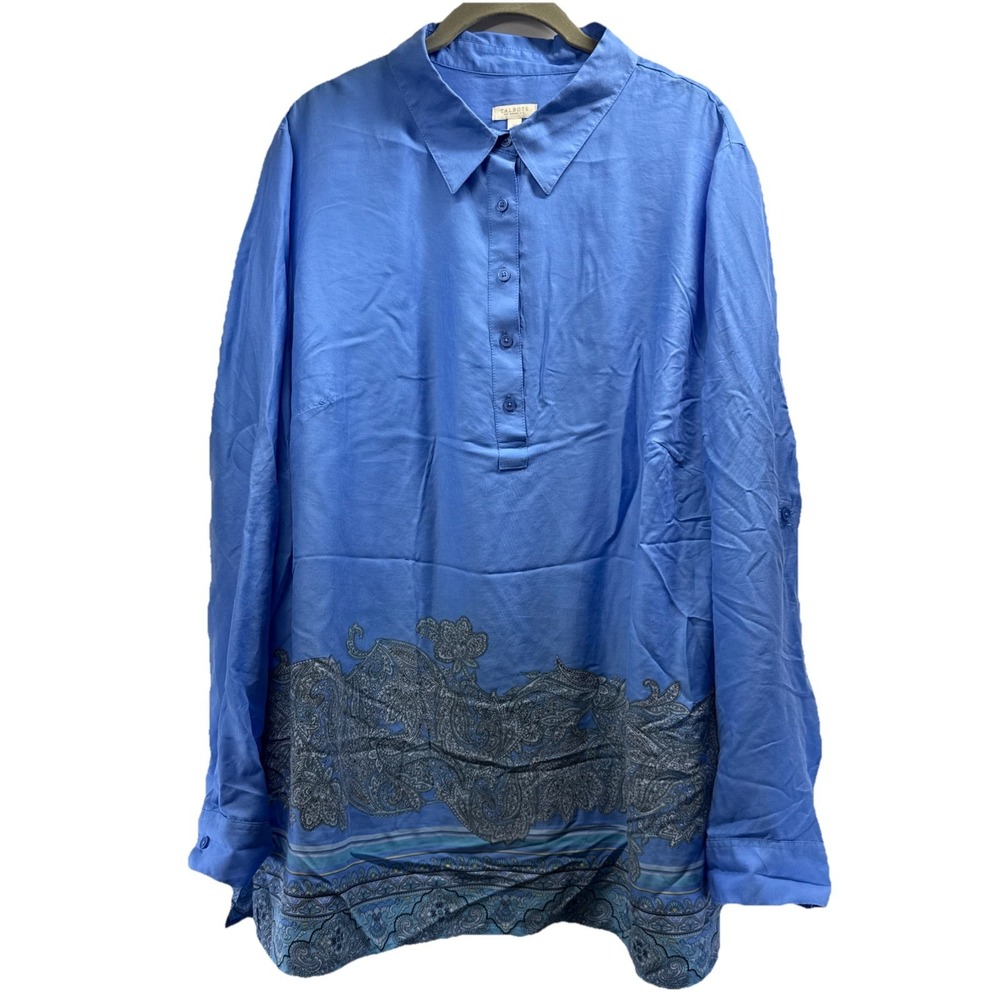 Talbots Women's Tunic Top Size 2X Plus Blue Green Side Slits Long Sleeve Popover